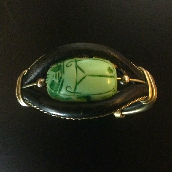 50's/60’s Egyptian revival Black Green and Silver Scarab Beetle Link Bracelet